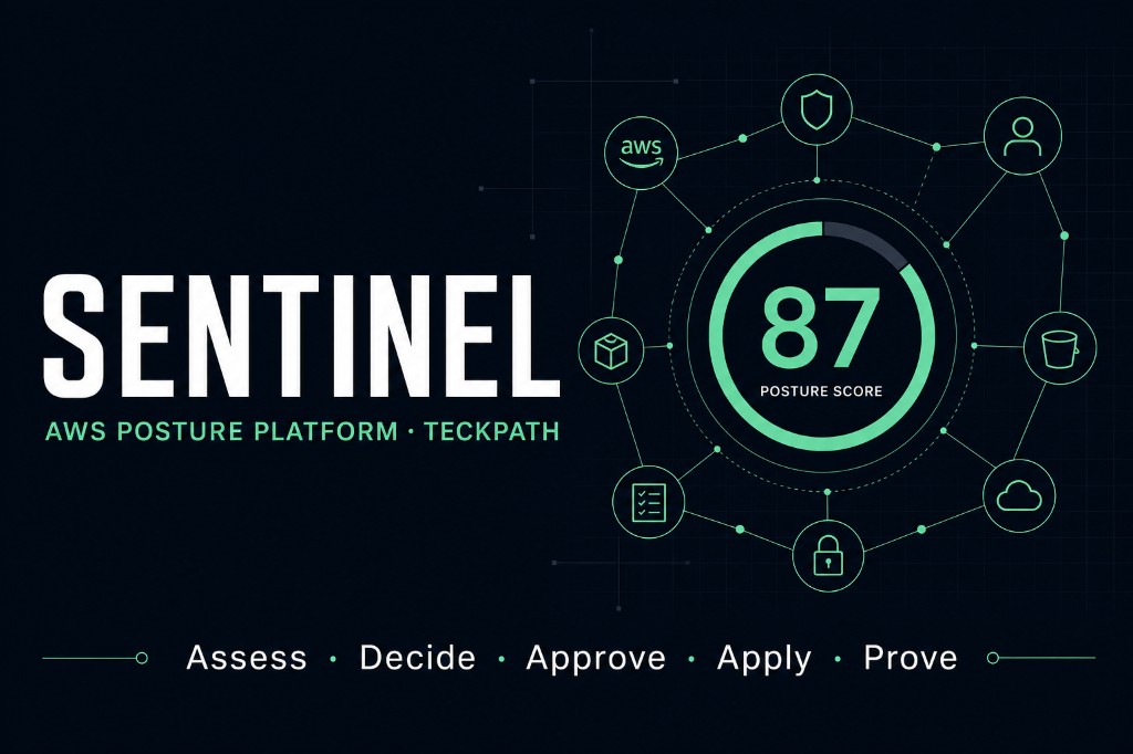 TeckPath Sentinel dashboard showing AWS posture score and workflow phases